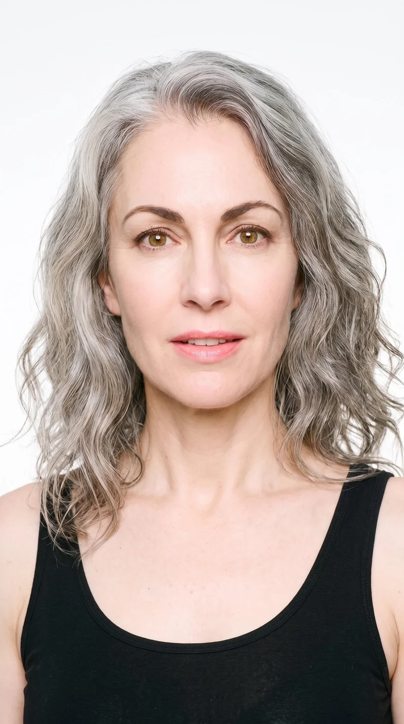 This 55-year-old Caucasian woman has porcelain skin with a neutral undertone. Her heart-shaped face has a wider forehead that narrows to a more pointed chin, framed by thin eyebrows. She has amber eyes with a golden glow and full lips. Her gray hair falls in loose, slightly tousled waves with natural volume.