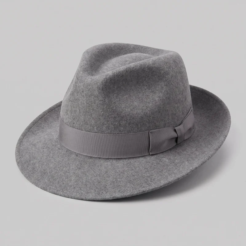 A single grey fedora-style hat is shown in a close three-quarter view against an unspecified backdrop. Its structured crown has a center dent and front pinches, while the continuous brim has a stitched outer edge. A ribbon hatband encircles the crown and features a folded bow on one side with visible seam stitching along its lower edge. The hat is mostly fully visible, with minor edge cropping.