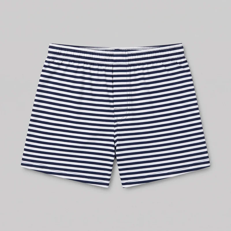 Striped men's boxer shorts shown alone in a full front view. The relaxed, straight-leg design has an elastic gathered waistband, a vertically stitched center front fly panel, and straight short hems with visible stitching. Horizontal stripes run across the waistband, body, fly area, and legs.