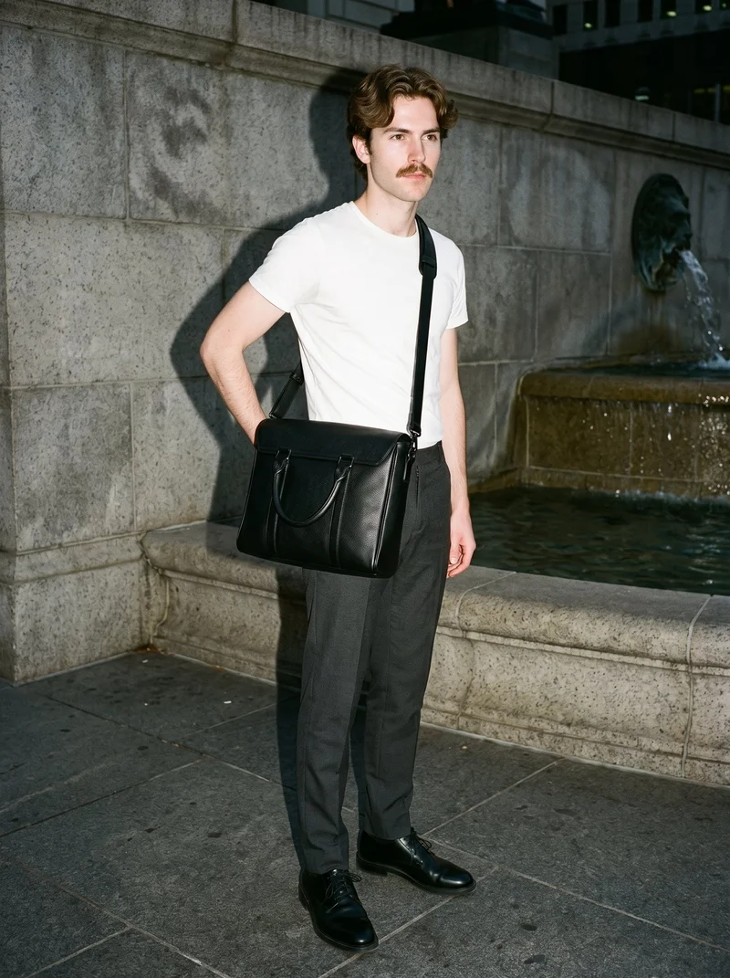 A 22-year-old Caucasian man is shown in a full-body, angled front view wearing a black leather messenger bag, with one hand on his hip and a neutral expression. A Fountain Plaza backdrop is visible.