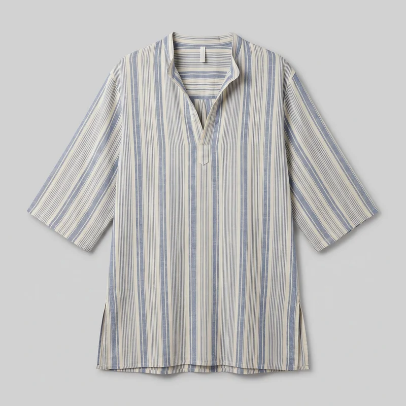 A men's striped beach cover-up tunic is shown laid flat in a standalone front view. It has an all-over vertical stripe pattern, a relaxed straight hip-length cut, dropped shoulders, wide three-quarter sleeves with straight hems, and an open split V-neck with a narrow stand collar and short front placket forming a pointed tab. The straight bottom hem and side slits are visible.