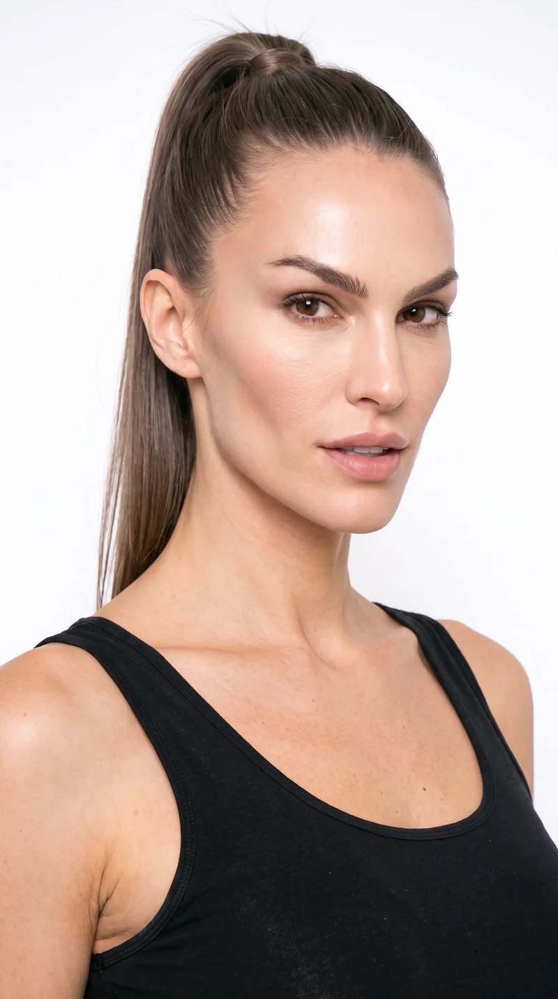 A 35-year-old Caucasian woman with medium skin and a peach undertone has an angular face defined by sharp cheekbones and a structured jaw. Her eyebrows are medium in thickness, and her brown eyes accompany full lips. Her ash-brown hair has a cool undertone and is pulled into a high ponytail.