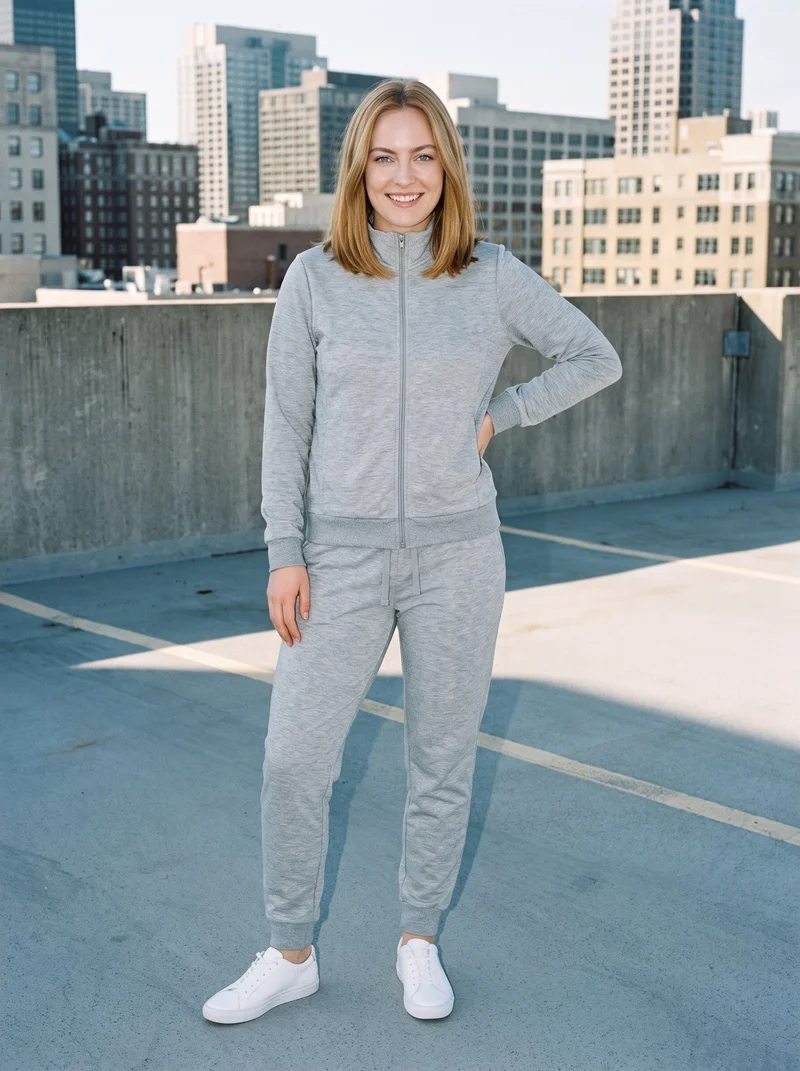 A 25-year-old Caucasian woman is shown full body from the front wearing a women's grey marl tracksuit. She stands with one hand on her hip and a natural facial expression against a parking garage rooftop backdrop.