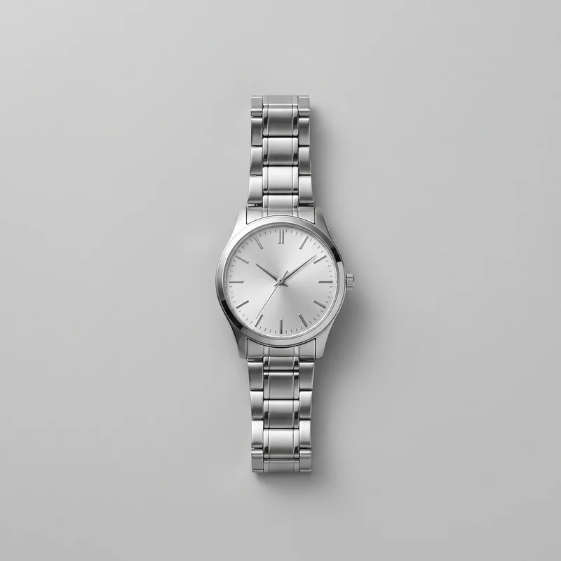 A standalone men's silver dress watch is shown from the front against a backdrop. It has a round case with a smooth bezel, a ridged crown on the right side, and an articulated bracelet extending above and below the case. The plain dial features slim baton hour markers, fine minute ticks around the perimeter, three central hands, and a doubled marker at 12 o’clock; no numerals, date window, subdials, logos, prints, or embellishments are visible.