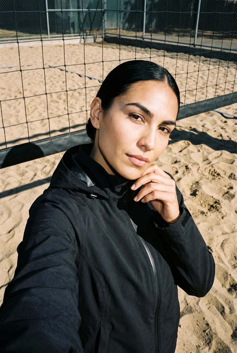 Women's Black Hardshell Jacket, Selfie at Front, Flash Editorial lighting