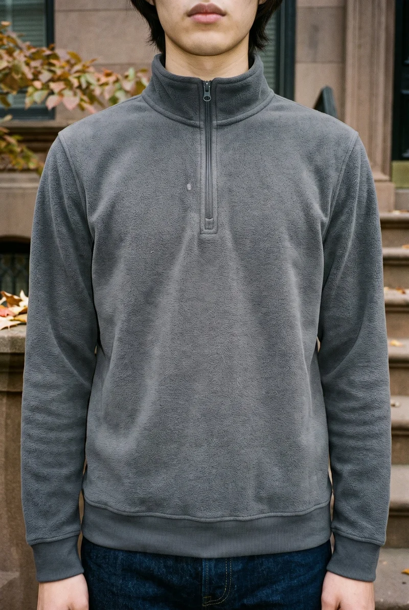 A male model is shown from the front in a torso crop, wearing a men's charcoal fleece quarter-zip with his arms relaxed. A brownstone stoop with autumn leaves forms the backdrop.