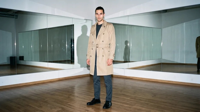A 19-year-old Caucasian man wears a khaki belted trench coat in an environmental composition, shown from a front three-quarter angle with his hands in front and a neutral expression. A yoga studio backdrop surrounds the scene.