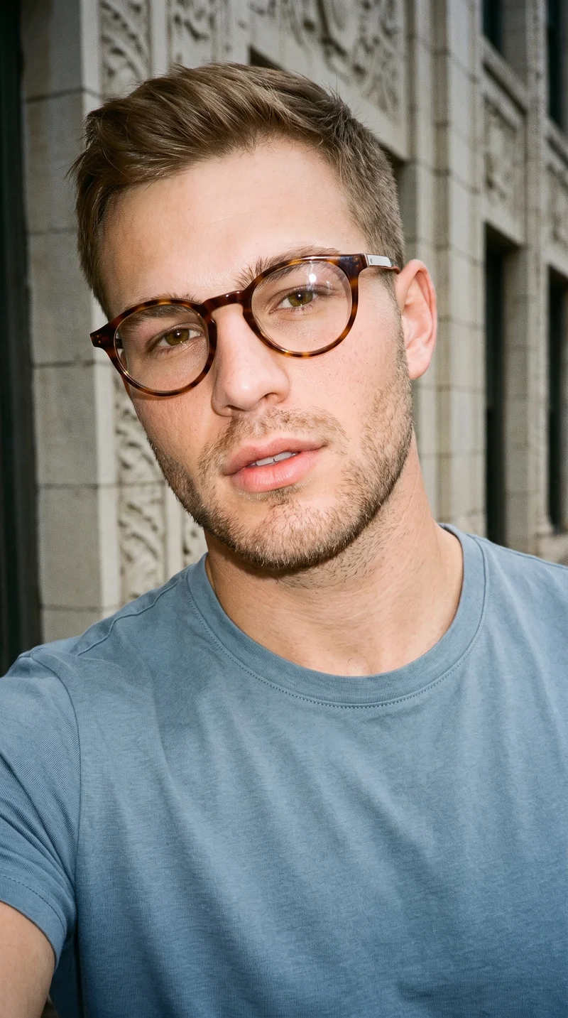 Men's Tortoiseshell Round Optical Frame, Selfie at Front, Clean Catalog lighting