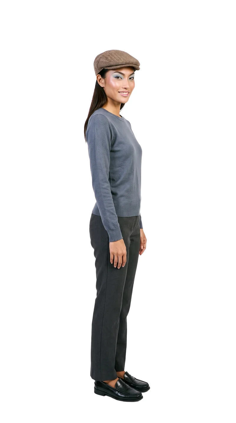 An 18-year-old Southeast Asian woman wears a brown tweed flat cap and smiles toward the camera. She is shown from a front three-quarter angle in an environmental frame with her ankles crossed, against a pure white backdrop.