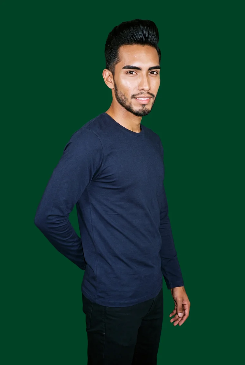 Men's Navy Long-Sleeve Base Layer, Three-quarter length at Three-quarter, Studio Cutout lighting