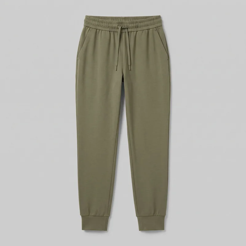 Women's olive jogger sweatpants shown in a complete front flat-lay view. The relaxed-fit pants have a gathered elastic mid-to-high waistband with a centered exterior drawstring and visible cord tips, angled side-entry pockets, tapered legs, and fitted banded ankle cuffs.