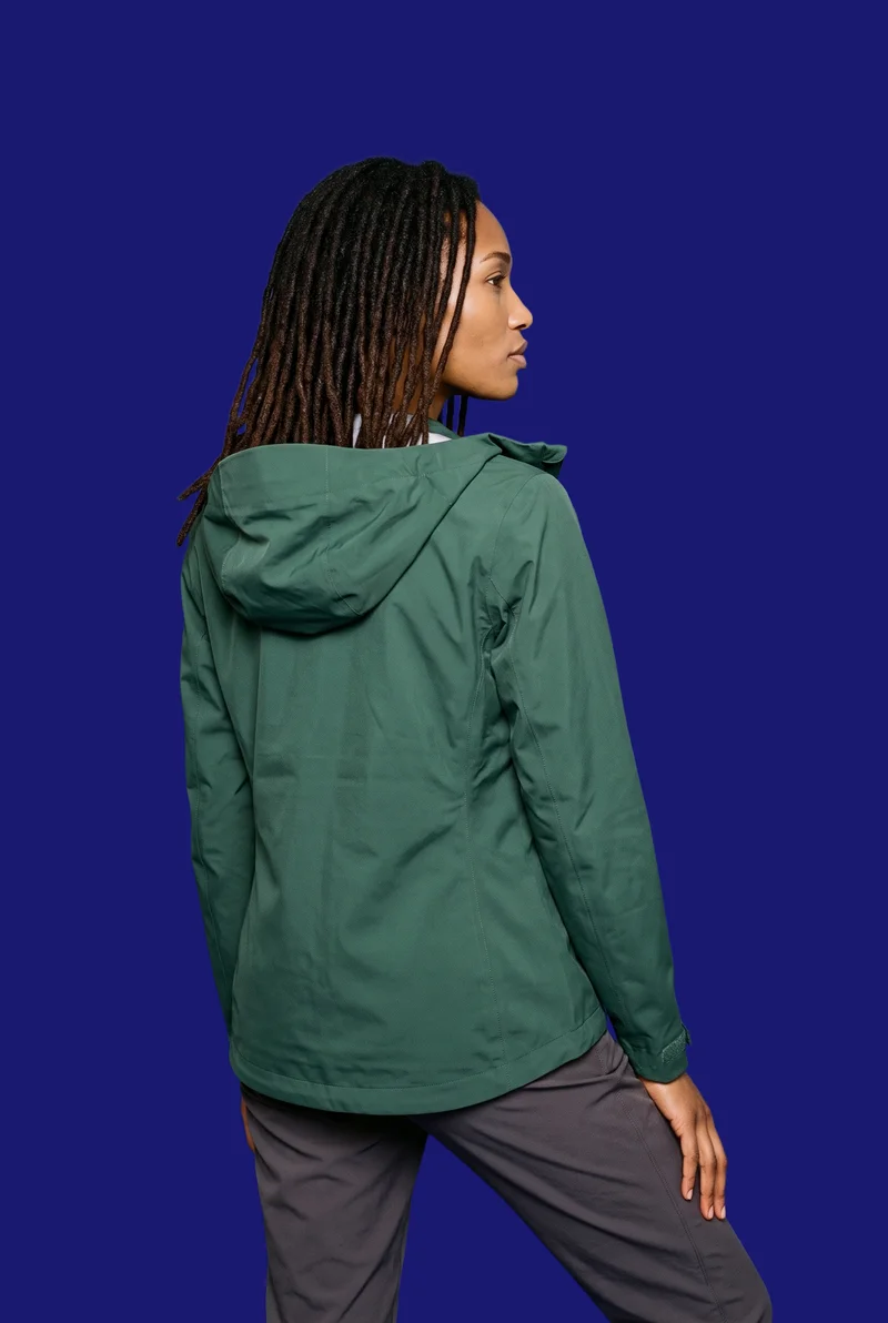 Women's Green Waterproof Jacket, Three-quarter length at Back, Studio Cutout lighting