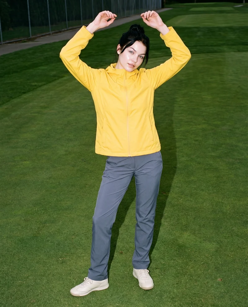 Women's Yellow Waterproof Jacket, Full body at Front, Flash Editorial lighting