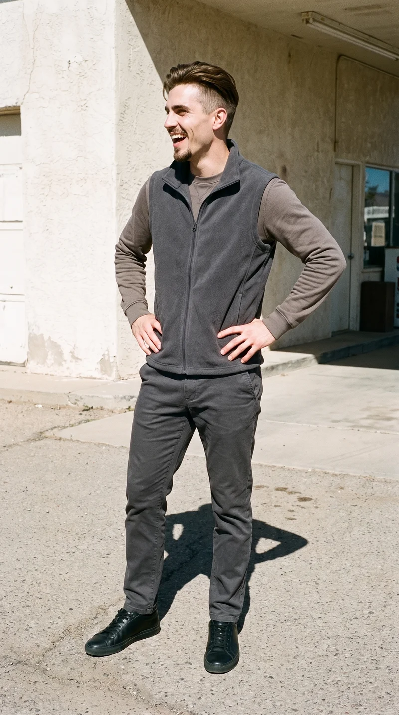 A 24-year-old Caucasian man wears a grey fleece gilet in a full-body side view. He stands with a wide stance and a laughing expression, with a gas station backdrop.