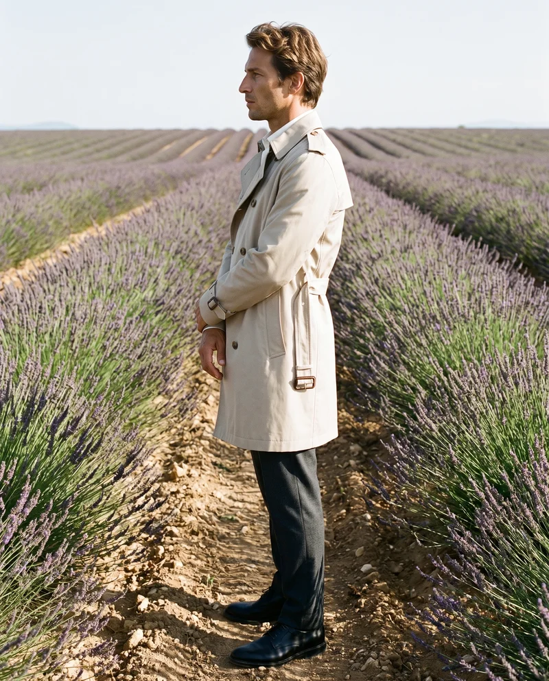 A 42-year-old Caucasian man is shown full body in side view wearing a stone cotton trench coat, with his arms held low and an intense expression. A lavender field forms the backdrop.