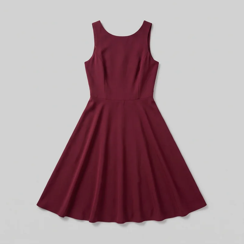 A burgundy women's sleeveless fit-and-flare dress is shown laid flat from the front. It has a tailored bodice with broad shoulder straps, a wide scoop neckline, open armholes, vertical shaping seams, and a straight horizontal waist seam leading into a full flared skirt with soft volume and a gently curved hem.