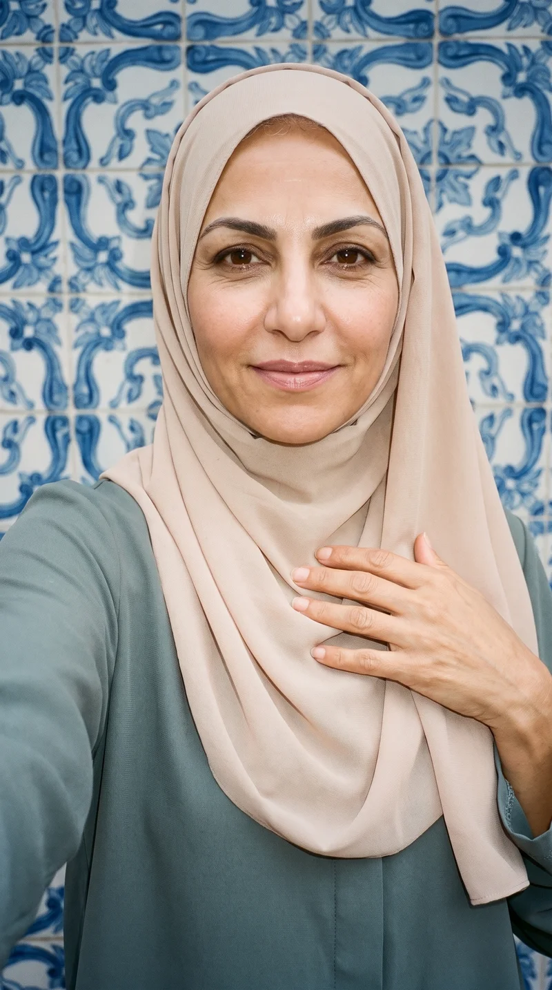 Beige Chiffon Hijab, Selfie at Front, Natural E-Commerce lighting