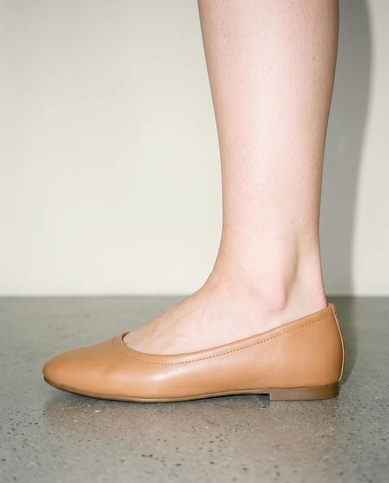 Tan Leather Flats, Ankle at Side, Natural E-Commerce lighting