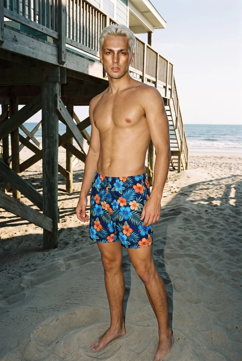 Floral Print Swim Shorts, Full body at Angled front, Flash Editorial lighting