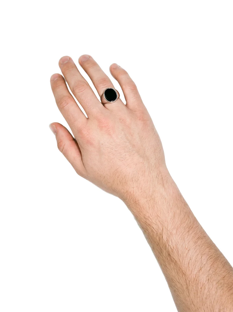 Onyx Signet Ring, Hand and wrist at Top, Studio Cutout lighting