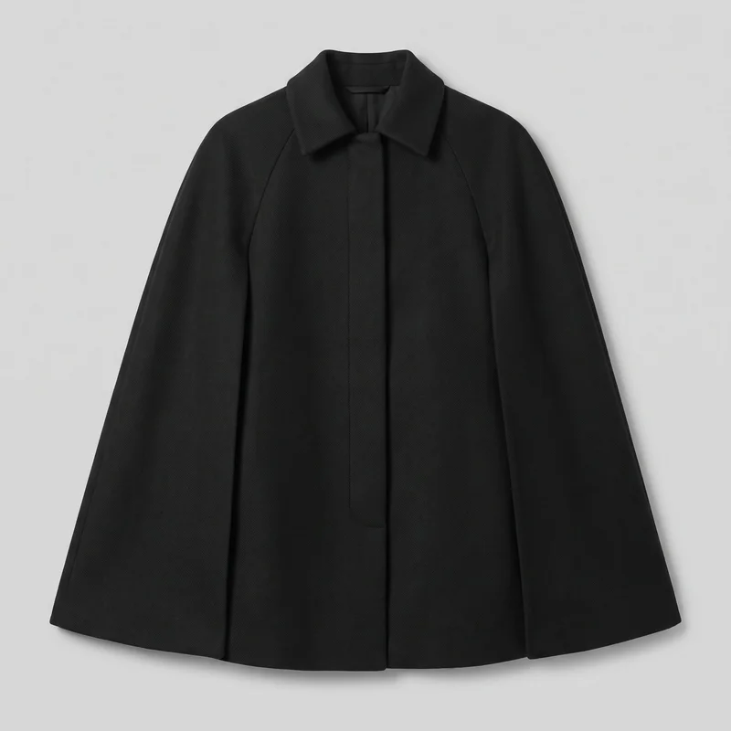 A black collared cape-style outerwear coat is laid flat in a mostly complete front view. It has a structured spread collar, a relaxed voluminous A-line shape, a clean center front panel with vertical seam lines, long vertical panel breaks near both sides, and a broad slightly curved hem.