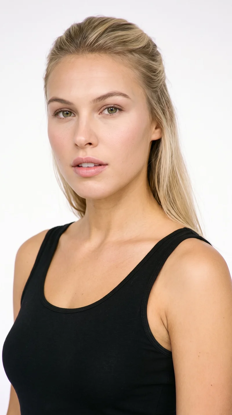 This 22-year-old Caucasian woman has medium olive skin with a cool undertone and a diamond-shaped face, with a narrow forehead and jawline and cheekbones that form the widest part of her face. She has thick eyebrows, cool clear grey eyes, and full lips. Her mid-tone blonde hair is styled half up and half down, with the upper section pulled back and the lower lengths hanging loose.