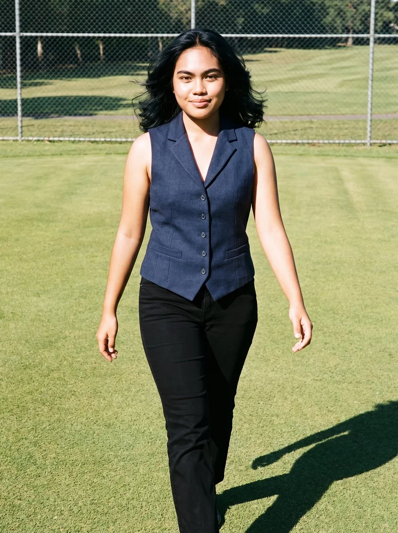 An 18-year-old Southeast Asian woman wears a navy wool waistcoat in a three-quarter-length front view while walking and smiling. A golf course fairway forms the backdrop.