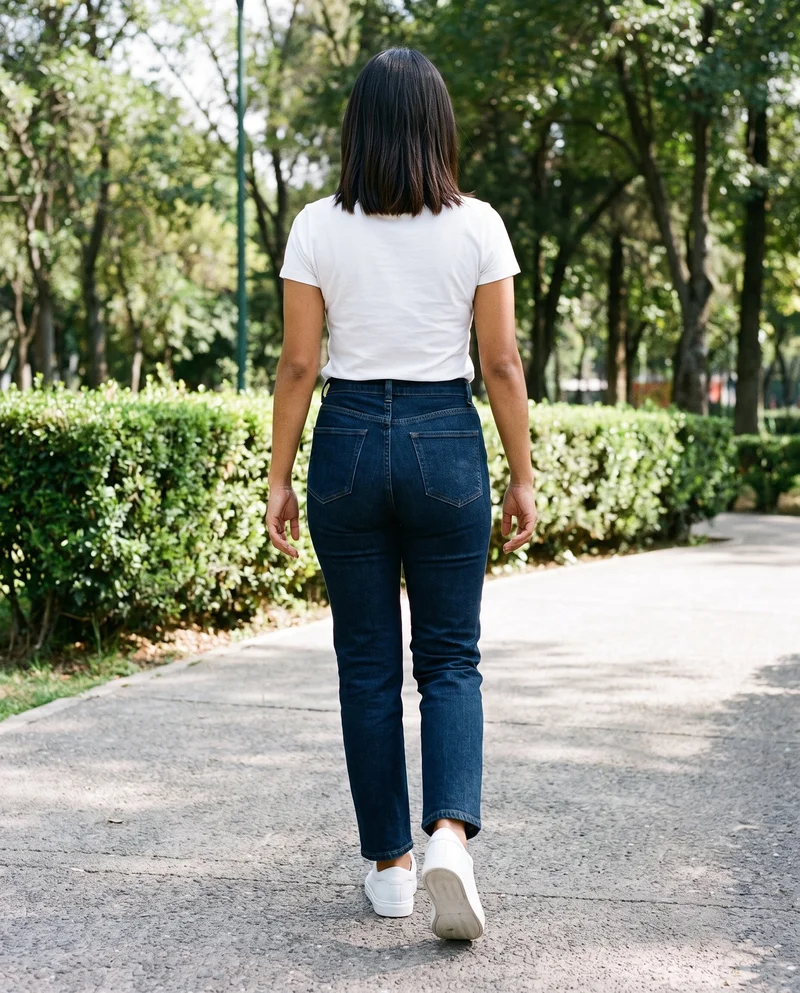 A 23-year-old Hispanic woman is shown full body from the rear while walking along a park pathway backdrop, wearing white leather sneakers.