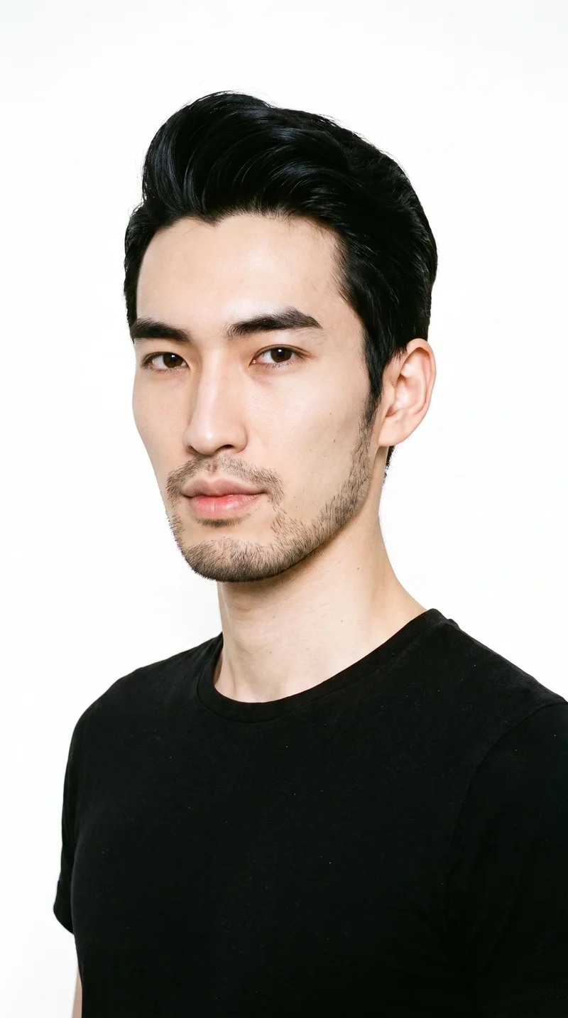 A 31-year-old Japanese man with East Asian facial features and light porcelain skin with a cool undertone. His face is long, with more length than width, a tall forehead, and elongated cheeks. He has thick eyebrows, brown eyes, and full lips. His deep black hair is styled up and back at the front in a quiff, with shorter sides. Dense, heavy stubble forms a dark, defined layer across the beard area.