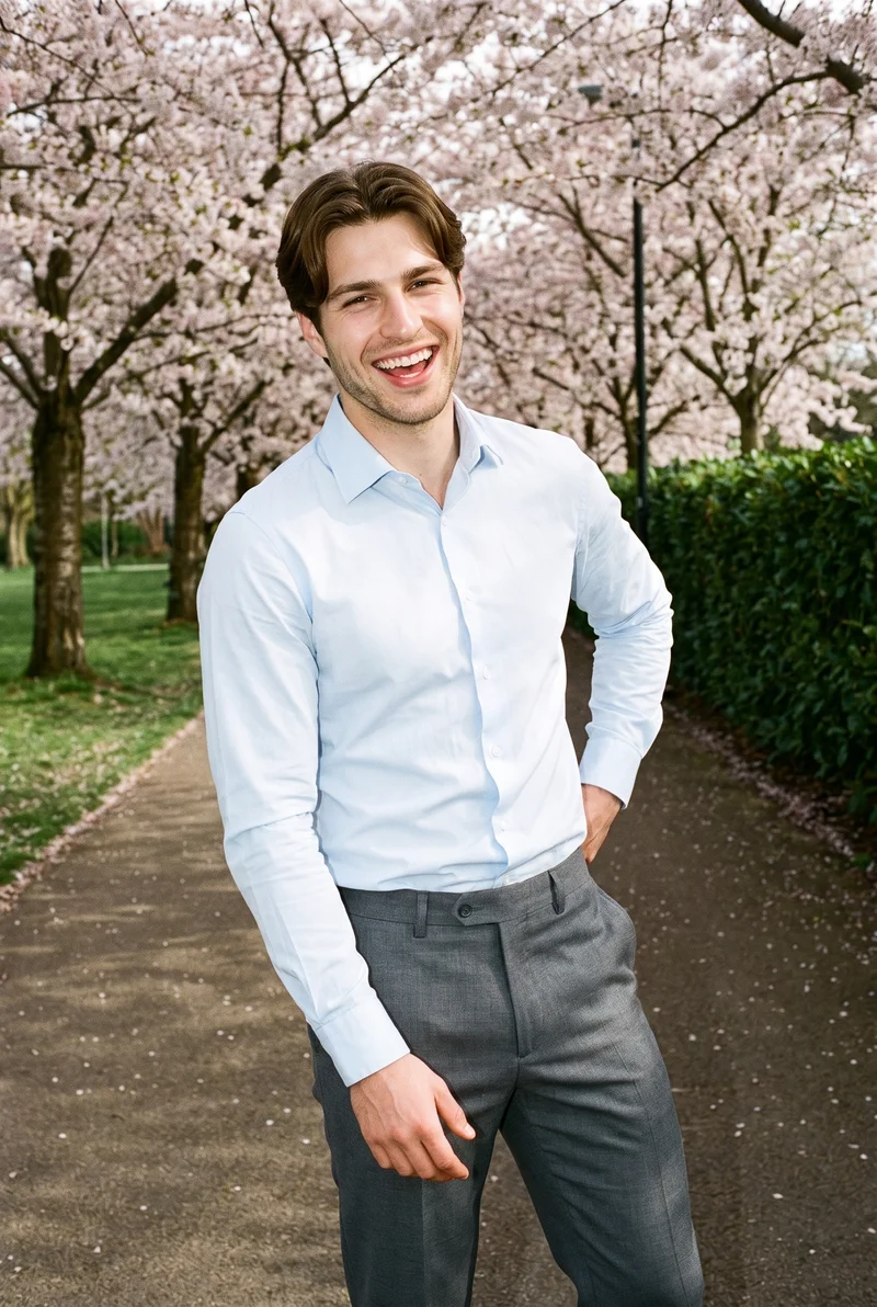 A 25-year-old Caucasian man wears men’s charcoal tailored trousers in a front-facing three-quarter-length view, posing with one hip out and laughing. A Cherry Blossom Park backdrop is visible.