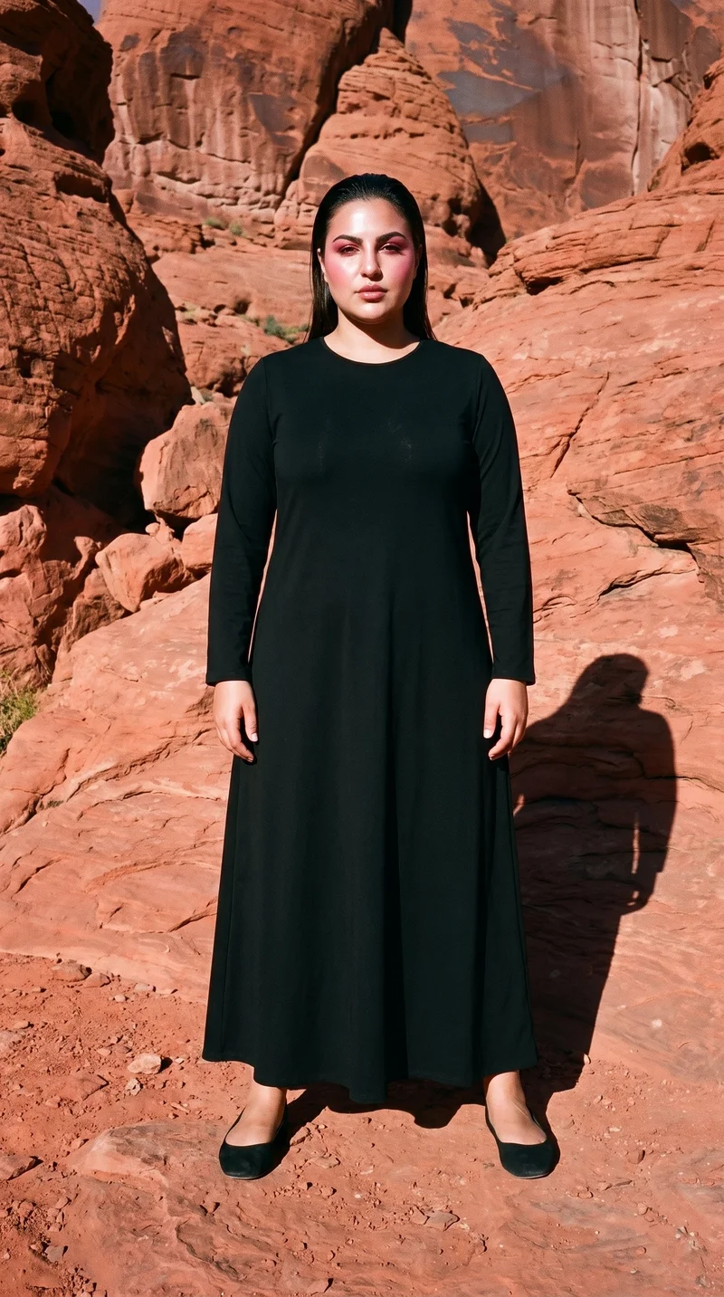 A 26-year-old Arab woman stands straight in a full-body front view wearing a black classic abaya, with a neutral facial expression. Red rock formations form the backdrop.