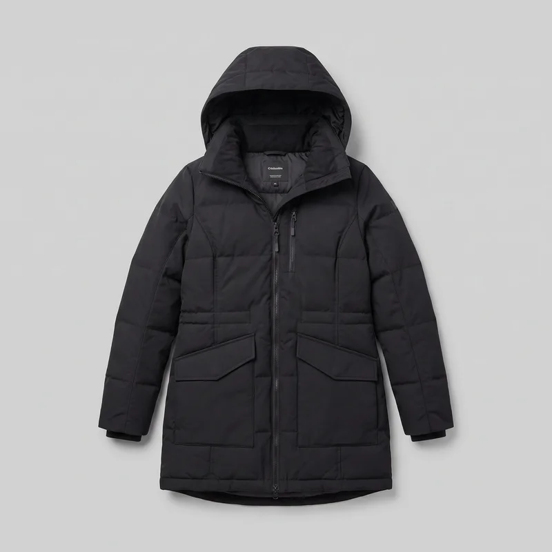 Women's black insulated parka shown mostly complete from the front while laid flat. The jacket has a raised hood, high stand collar, full two-way zipper, horizontal quilted baffles, a vertical zip chest pocket, two lower patch pockets with angled flap openings, long sleeves with inset cuff layers, and a straight front hem with a slightly dropped curved back edge.