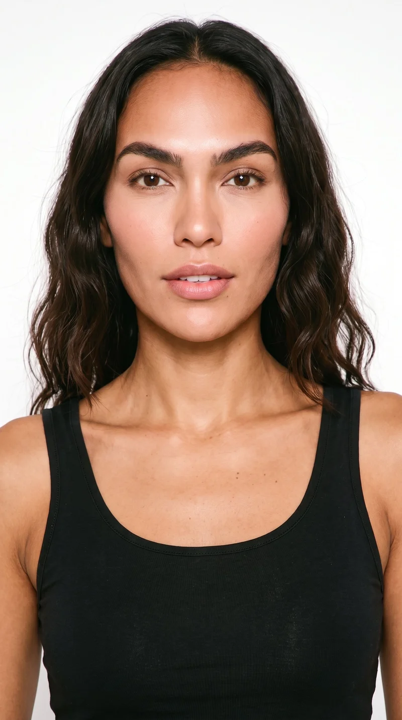 This 36-year-old Indigenous American woman has copper-brown skin with a neutral, reddish-copper undertone. Her heart-shaped face has a wider forehead that narrows to a more pointed chin. She has thick eyebrows, very dark near-black eyes, and full lips. Her dark-brown hair falls in soft, natural waves.