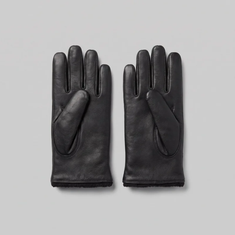 A pair of fitted black full-finger leather gloves lies flat with the palm sides facing up. Each glove has five separated rounded fingers, a diagonally angled inset thumb, raised piping along the finger channels and outer edges, shaped seams around the thumb base and side gussets, and a narrow stitched wrist cuff with soft fleece pile visible at the openings.