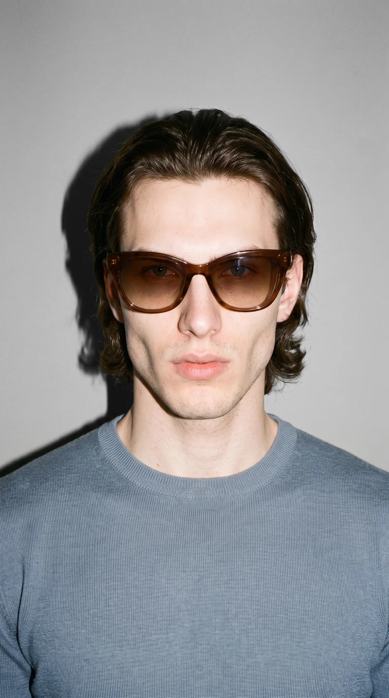 Men's Brown Cat-Eye Sunglasses, Bust at Front, Flash Editorial lighting