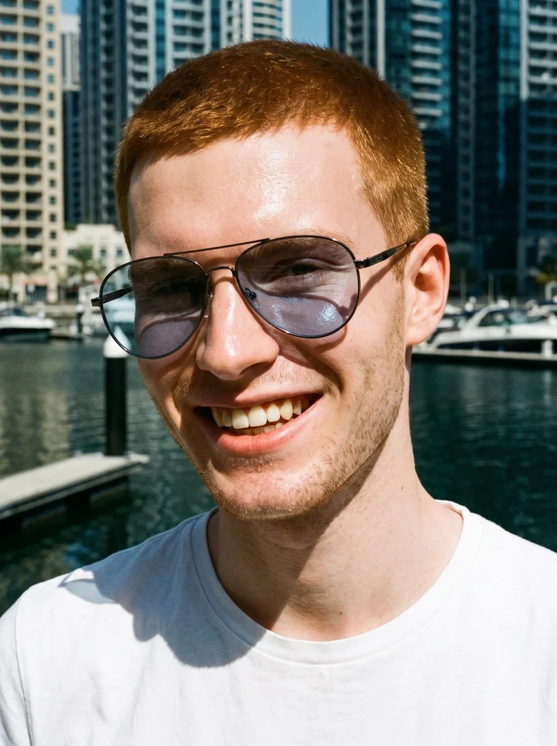 An 18-year-old Caucasian man is shown from the bust up in a front-facing view, wearing men's mirrored sunglasses. His head is level and he is grinning, with a Dubai Marina backdrop behind him.