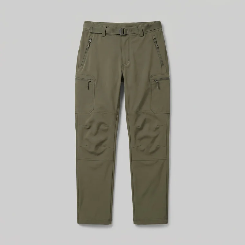 Men's olive softshell hiking trousers laid flat in a full front view. The trousers have a regular fit, an apparent mid-rise waistband with belt loops and a threaded webbing belt with a rectangular slider buckle, angled zip hand pockets, large thigh cargo pockets with horizontal zippers, paneled legs with reinforced-looking knee sections, and straight hems.