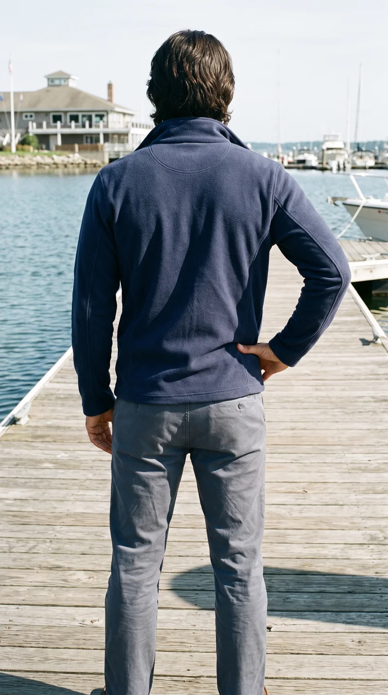 Men's Navy Zip-Up Fleece Jacket, Three-quarter length at Back, Flash Editorial lighting