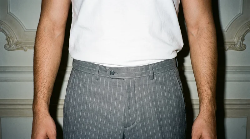 Men's grey pinstripe tailored trousers shown from the front in a hips-level crop, with the hips as the focus. The trousers are presented against a mansion foyer backdrop.