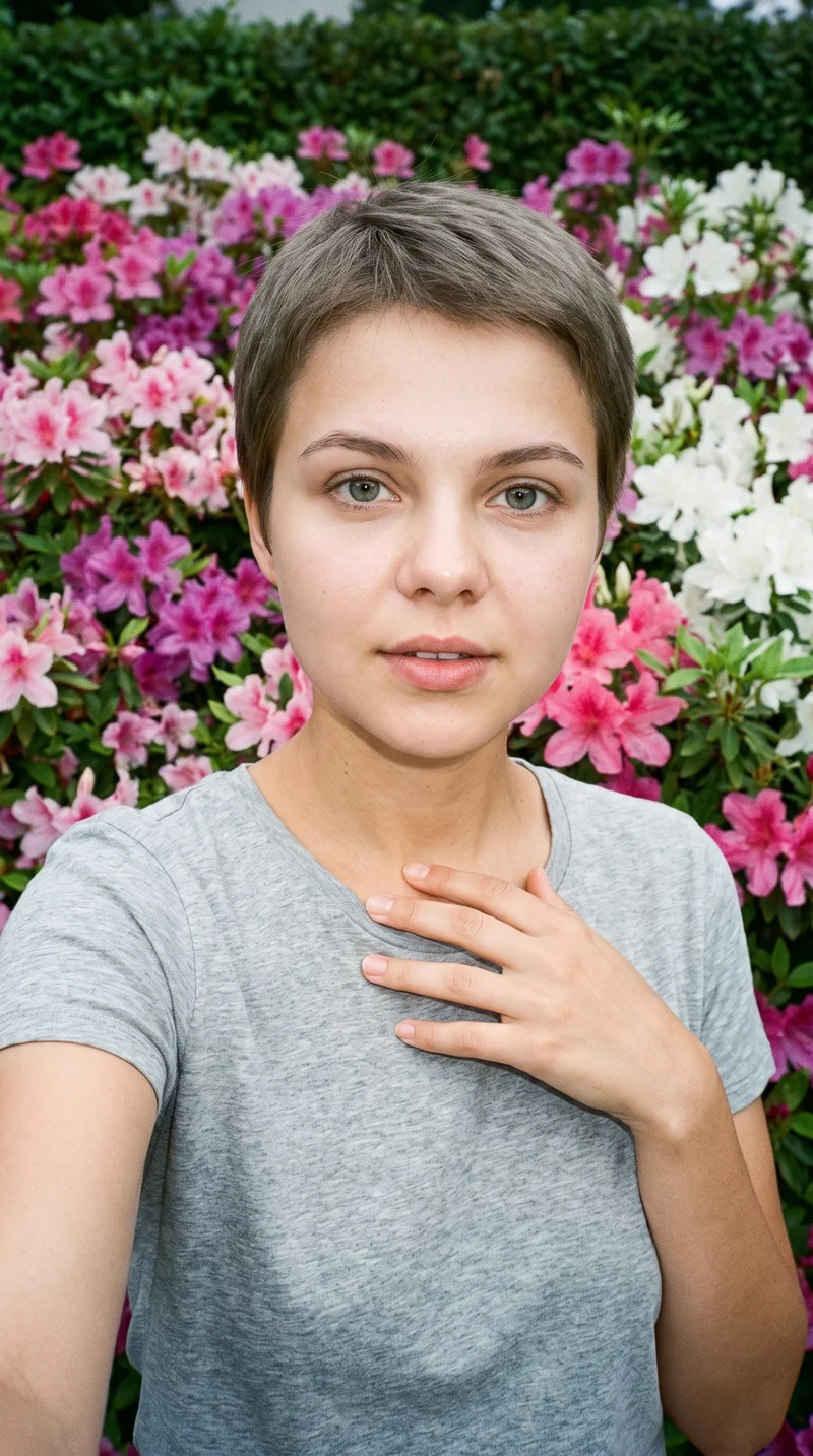 A 22-year-old Slavic woman wears a grey marl T-shirt in a front-facing selfie, with one hand at her collarbone and a neutral expression. An Azalea Garden backdrop is visible behind her.