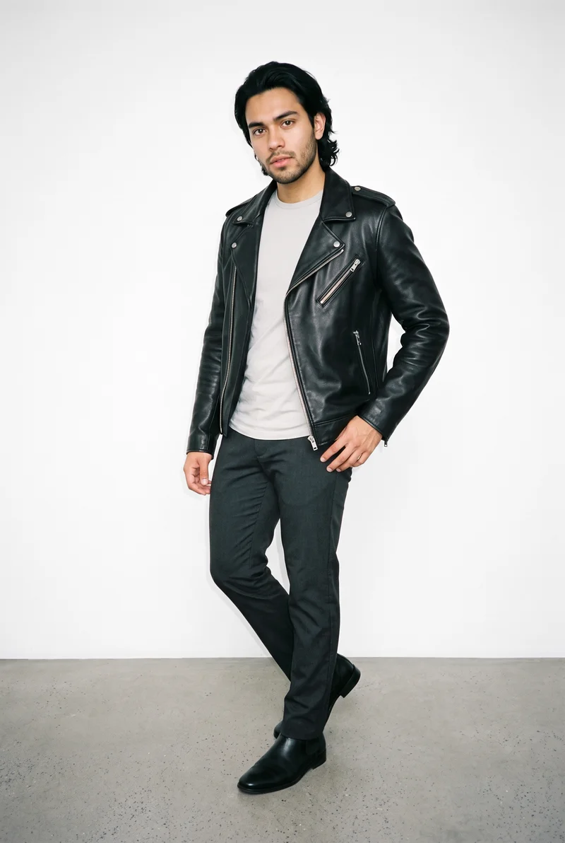 A 19-year-old Hispanic male model wears a men's black biker leather jacket in a full-body front three-quarter view. He stands with his weight shifted back and a soft facial expression against a pure white studio backdrop.