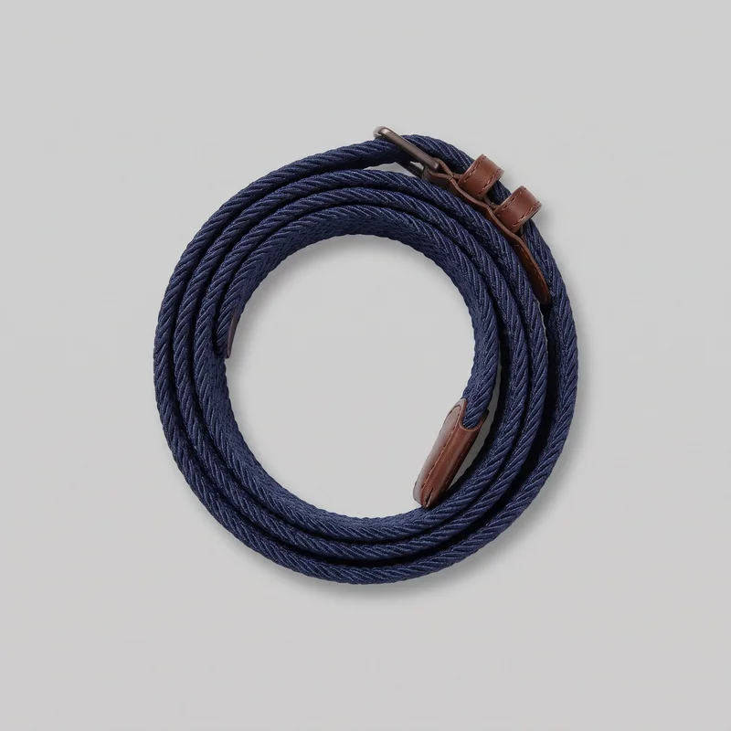 A complete navy woven belt is shown coiled on a plain surface. Its rounded cord strap has a continuous diagonal chevron braid texture, with stitched smooth tabs, two keeper loops, and pin-buckle style hardware at one fastening end, plus a tapered stitched tip at the other.