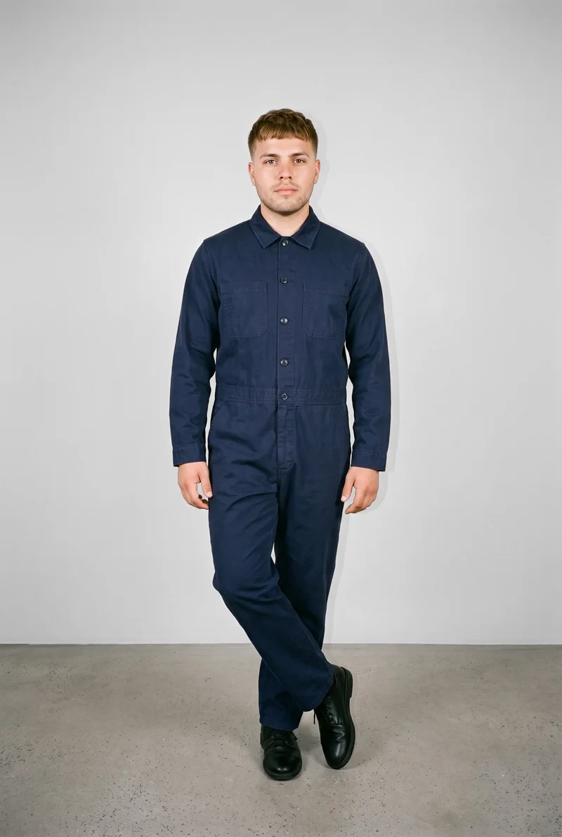 A 21-year-old Hispanic man is shown full body from the front wearing a navy cotton boilersuit. He stands with his ankles crossed and a neutral expression against a pearl grey studio-wall backdrop.