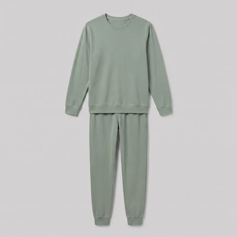 A matching sage green loungewear set is arranged in a standalone front view, with a crewneck sweatshirt overlapping the upper portion of full-length jogger pants. The sweatshirt has a round ribbed neckline, long sleeves with ribbed cuffs, a straight ribbed hem, and visible shoulder and arm seams. The jogger pants have tapered legs, ribbed ankle cuffs, and visible upper side pocket openings.