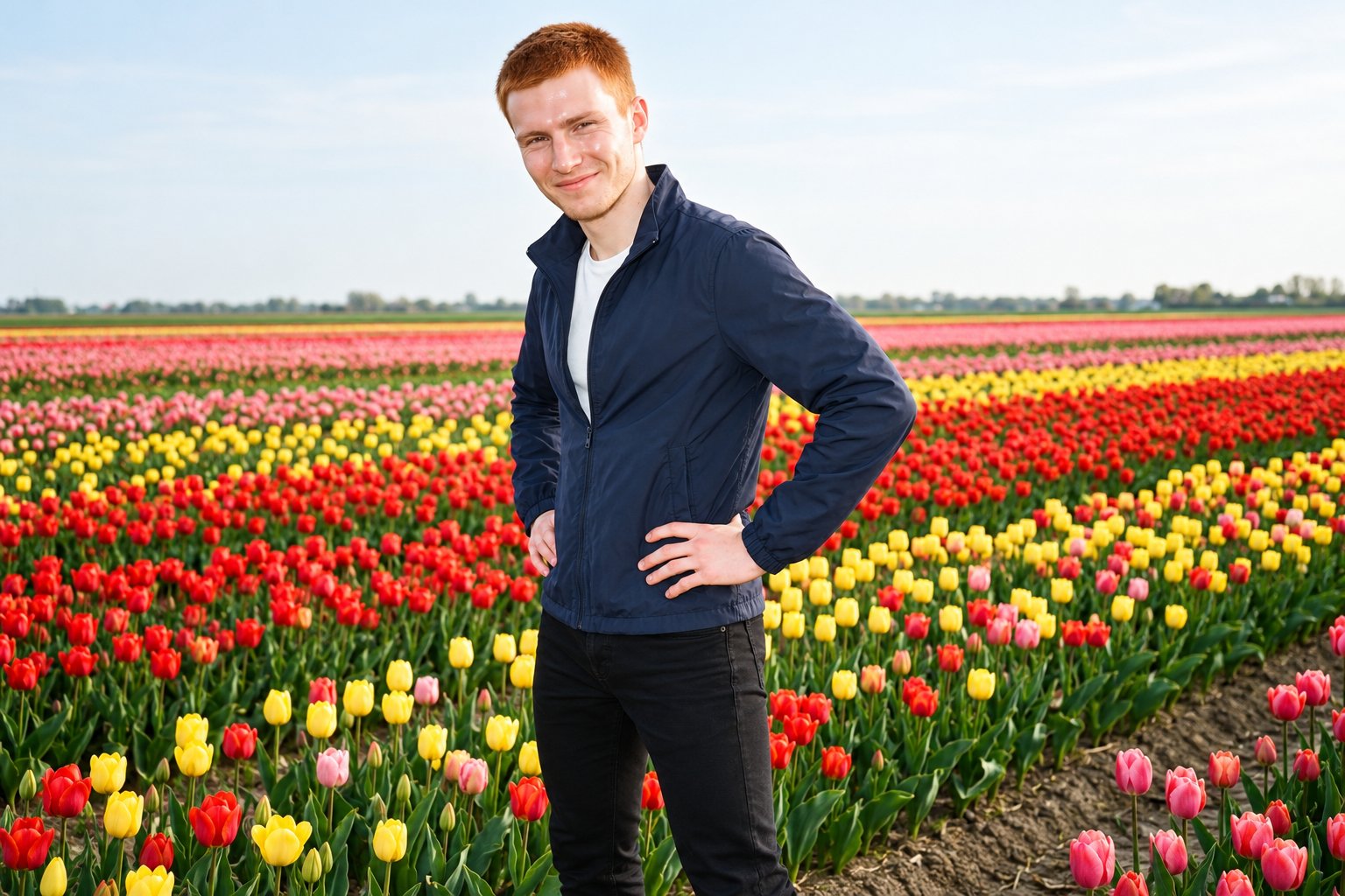 An 18-year-old Caucasian man wears a navy windbreaker in a three-quarter-length view, standing at an angle with his hands on his hips and a natural expression. A tulip field serves as the backdrop.