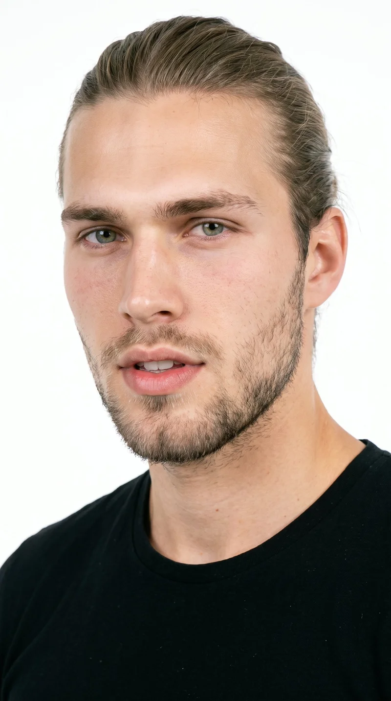 A 19-year-old Caucasian man with medium skin carrying a warm peach undertone. His triangular face has a broad jaw that narrows toward the forehead, emphasizing the lower face. He has thin eyebrows, full lips, and cool, clear grey eyes. His cool-toned ash-brown hair is longer and gathered into a knot at the back, with the sides drawn up. Short, even beard growth creates a clearly visible, closely groomed three-day beard texture.