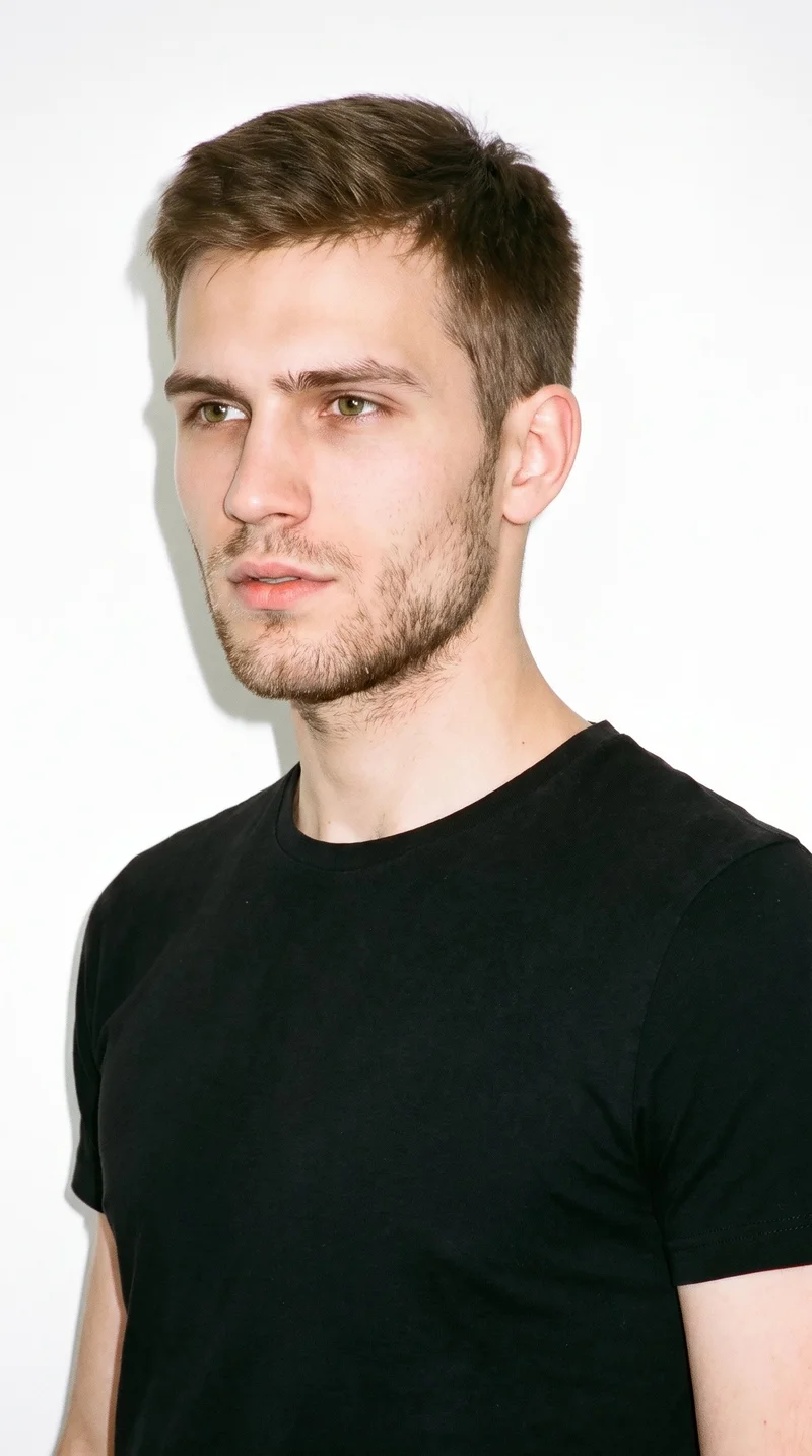 This 18-year-old Slavic male has a lightly tanned fair complexion with a neutral undertone. His square face has a broad forehead and a strong, defined jaw, creating an angular, structured appearance. He has medium-thickness eyebrows and hazel eyes with green-gold flecks, along with medium-sized lips. His dark-blonde hair is styled in a taper, gradually shortening at the sides and neckline while retaining length on top. Short, even three-day beard growth covers his face with a clearly visible but closely groomed texture.