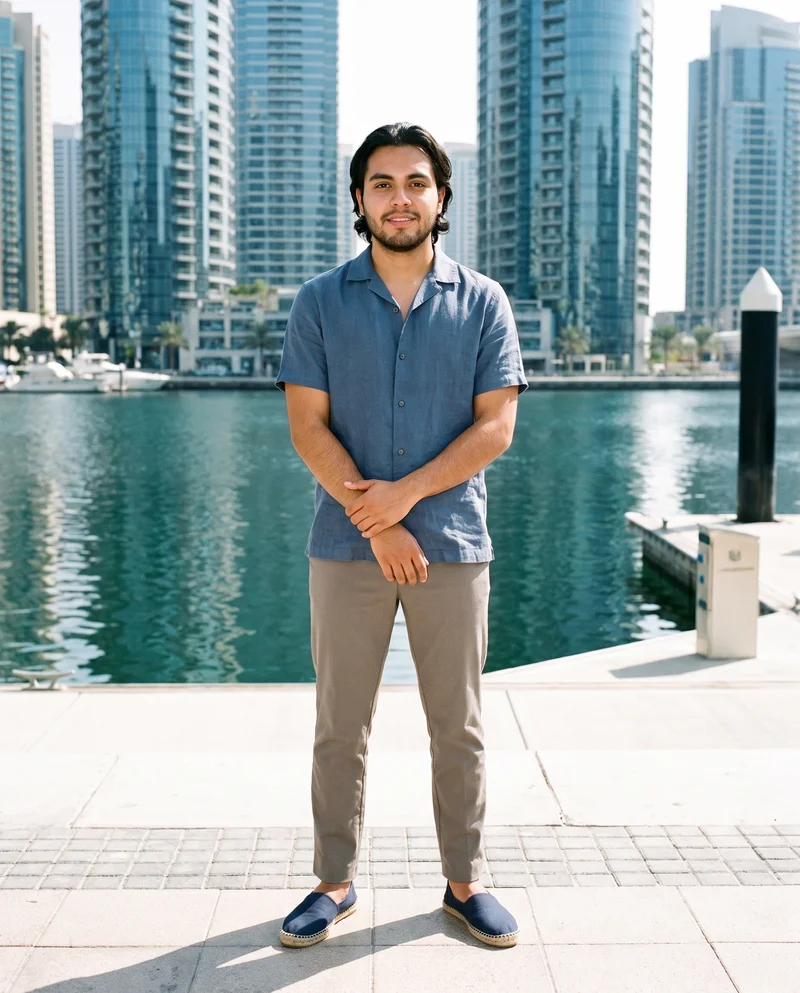 A 21-year-old Hispanic man is shown full body from the front, smiling with his arms held low and wearing men's navy canvas espadrilles. A Dubai Marina backdrop is visible behind him.