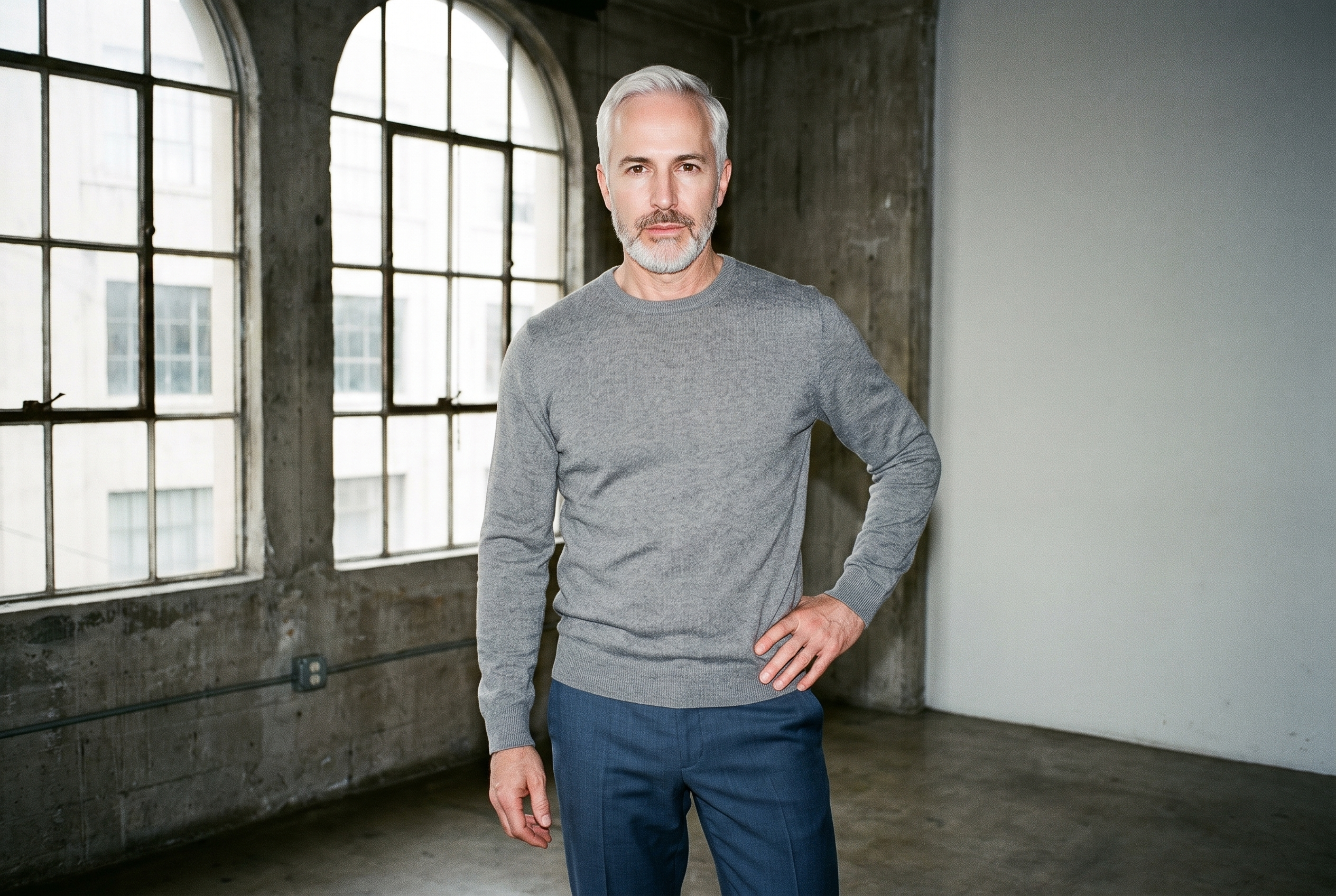 A 58-year-old Caucasian man wears a grey cashmere knit in a three-quarter-length front view. He stands with his weight back and a natural expression against a backdrop of massive golden loft windows.