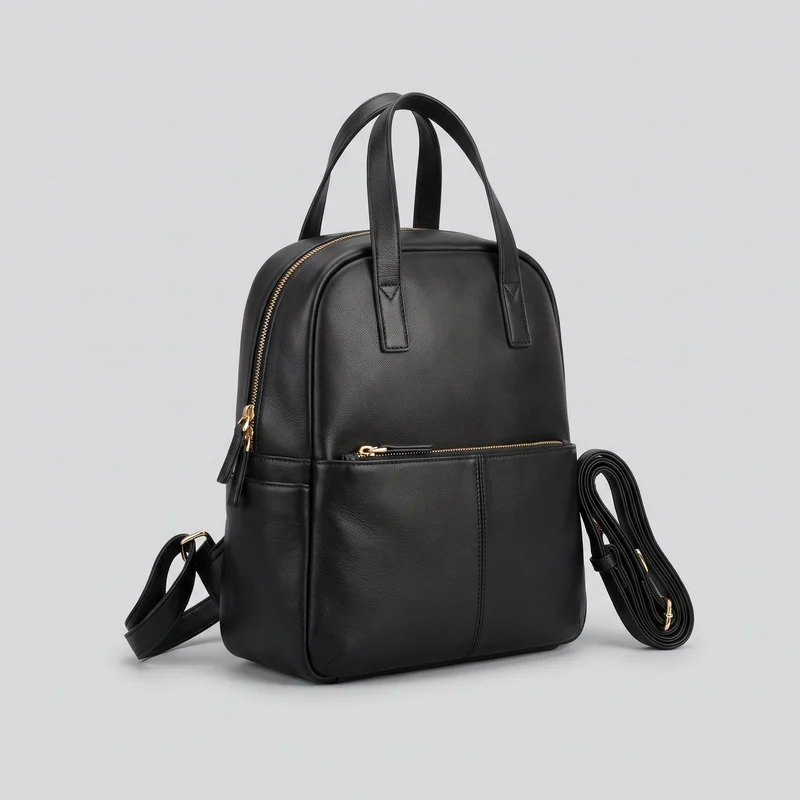 A structured black leather backpack is shown alone in a three-quarter view against an unspecified backdrop. It has a rectangular body with rounded top corners, a flat base, two arched carry handles, a zip-around main compartment, vertical front panel seams, and a horizontal front zip pocket. Side strap hardware and a coiled strap are visible beside the bag; no logos, prints, patches, embroidery, or embellishments are visible.